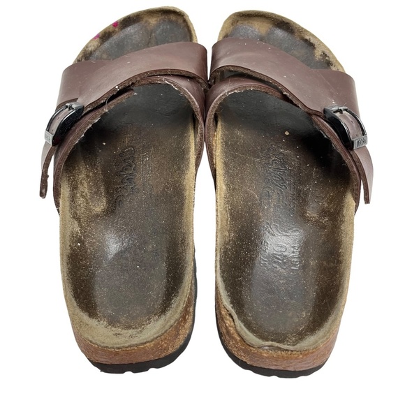 BIRKENSTOCK BIRKI'S Brown Genuine Leather Criss Cross Slides Sandals Shoes sz 6 - Picture 7 of 16